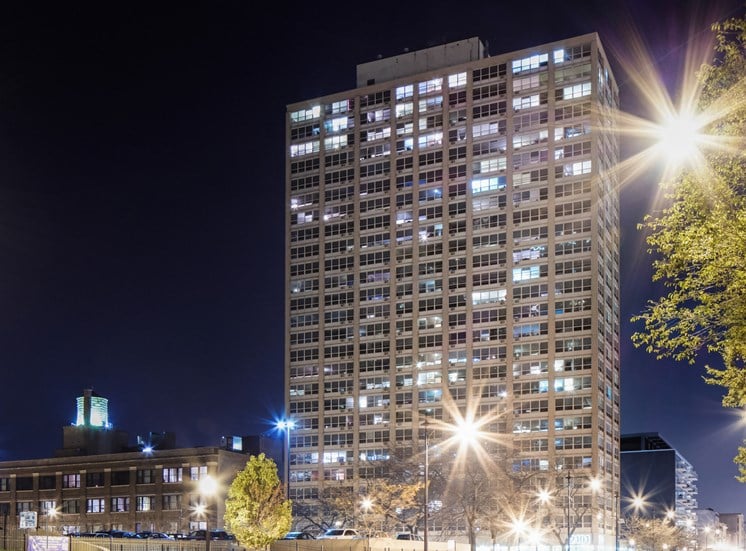 Night view of 2101 S. Michigan Apartments